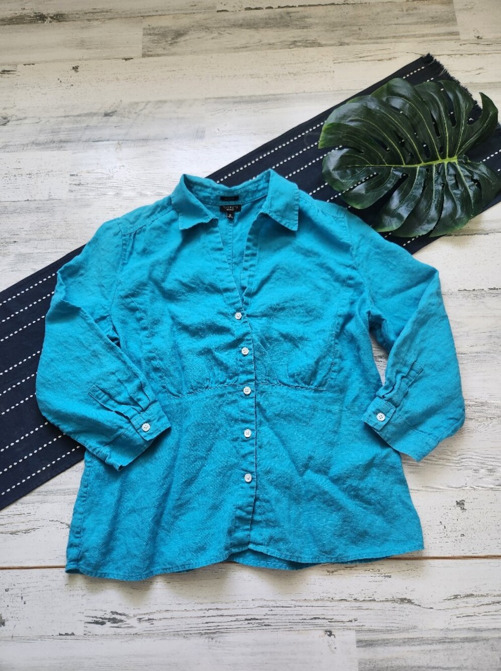 Talbots 3/4 Sleeve Irish Linen Button Front Collared Blouse Blue Size 16